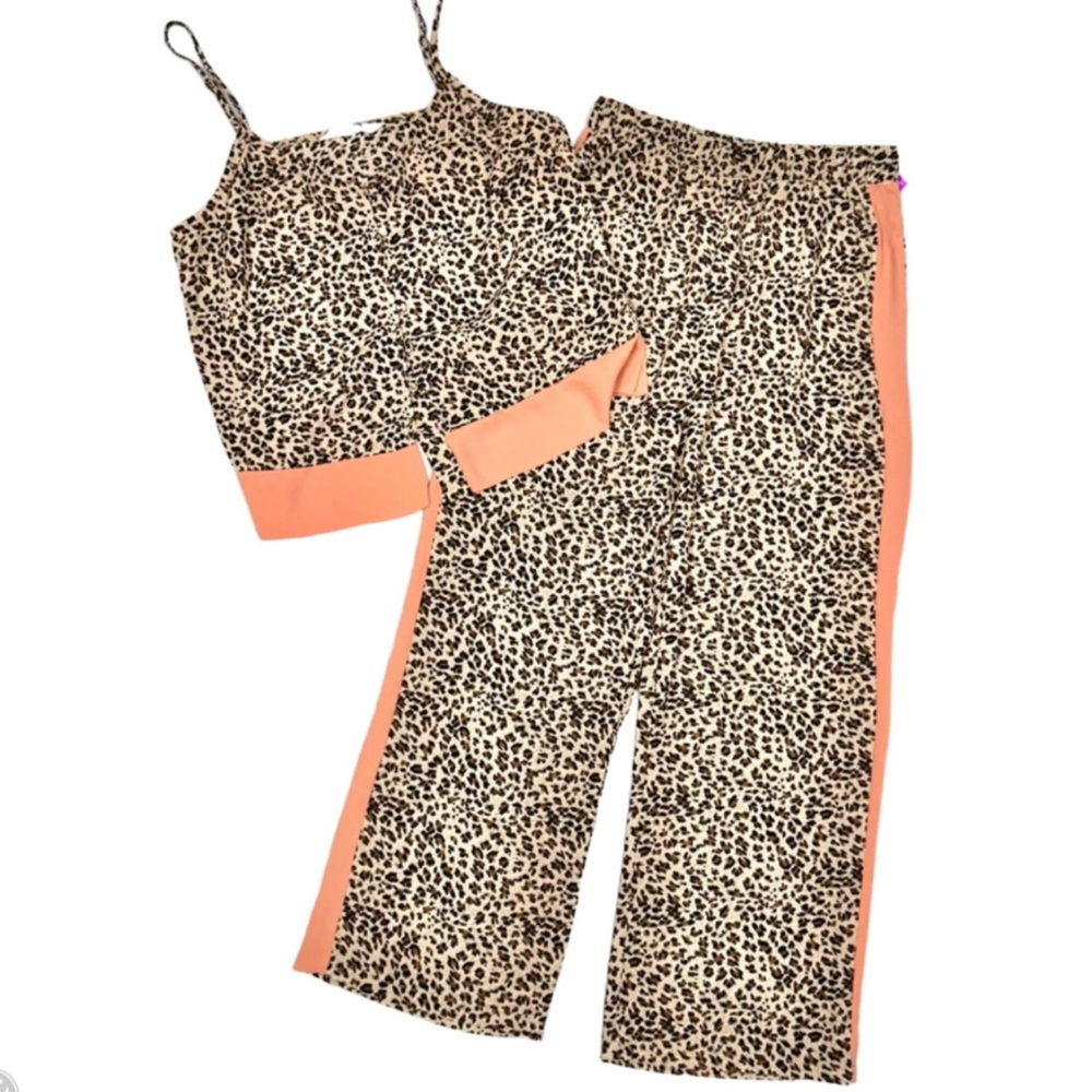 BB Dakota 2 piece silky Leopard Print coral stripe wide leg animal print Set xs